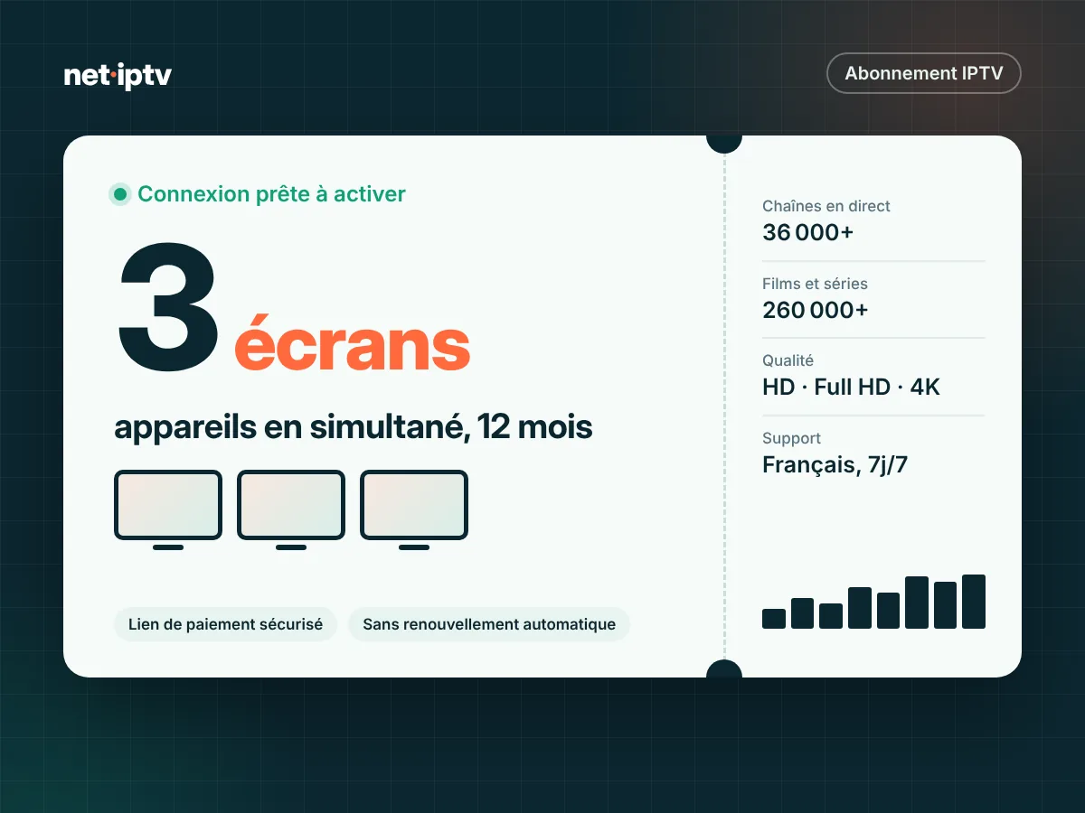 IPTV multi-écrans 12 mois – 3 appareils – Net IPTV
