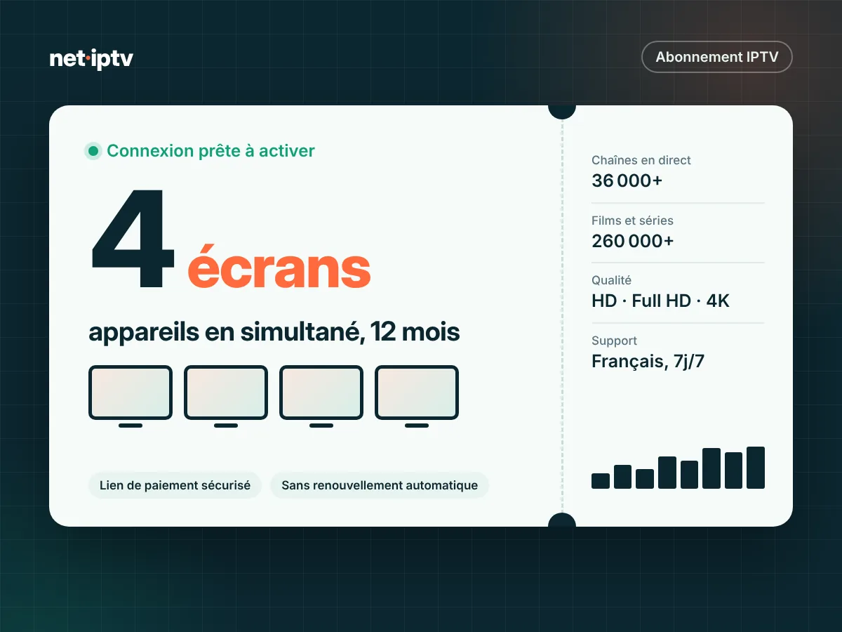 IPTV multi-écrans 12 mois – 4 appareils – Net IPTV